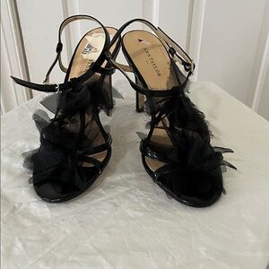 Ann Taylor Black Strappy Heels with Ruffle Accents